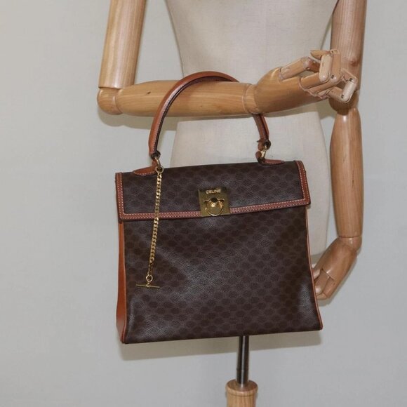 CELINE Macadam Canvas Hand Bag PVC Leather Brown Gold Auth - Picture 1 of 16